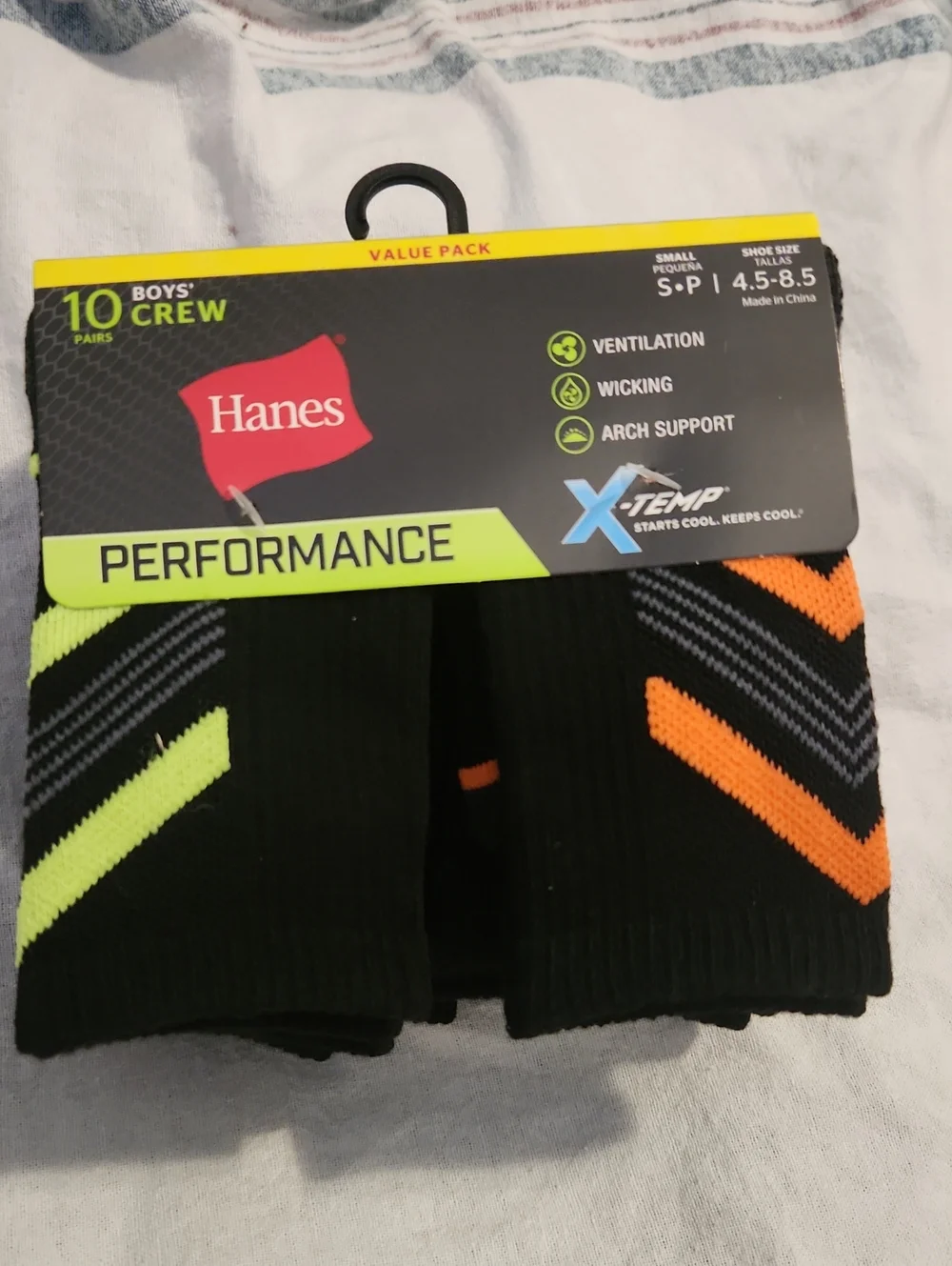 Hanes Boys Performance Crew Socks - Black with Neon Green & Orange Accent